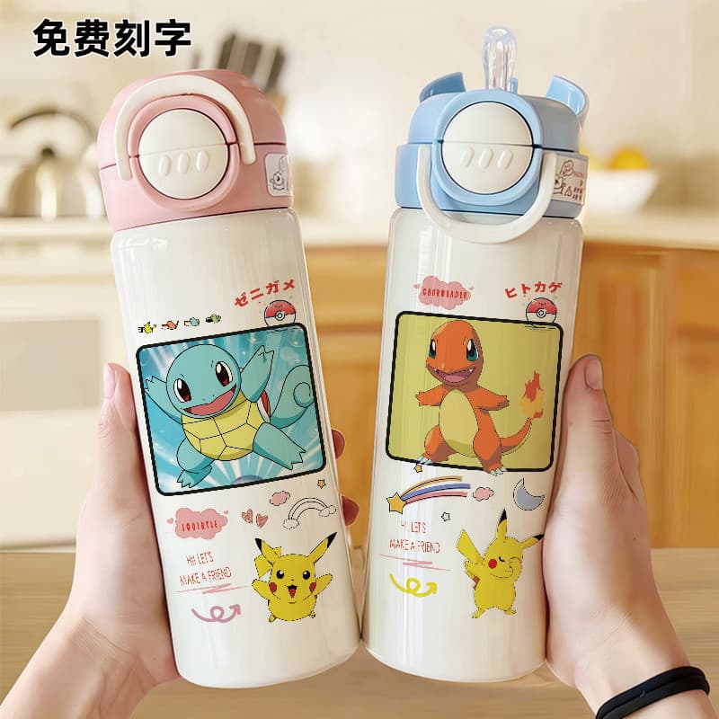 Garrafa de água estudante Pikachu Jenny tartaruga copo térmico grande capacidade copo de palha tamanho grande duplo copo
