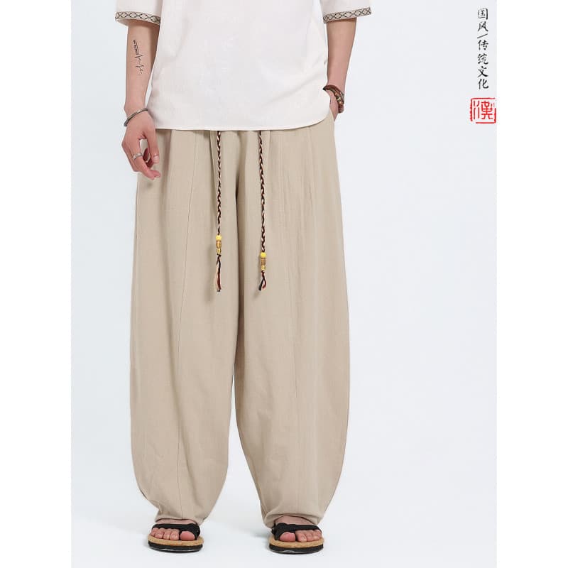 Calças casuais masculinas estilo chinês verão fino algodão linho calças retas Retro solto calças de perna larga tamanho