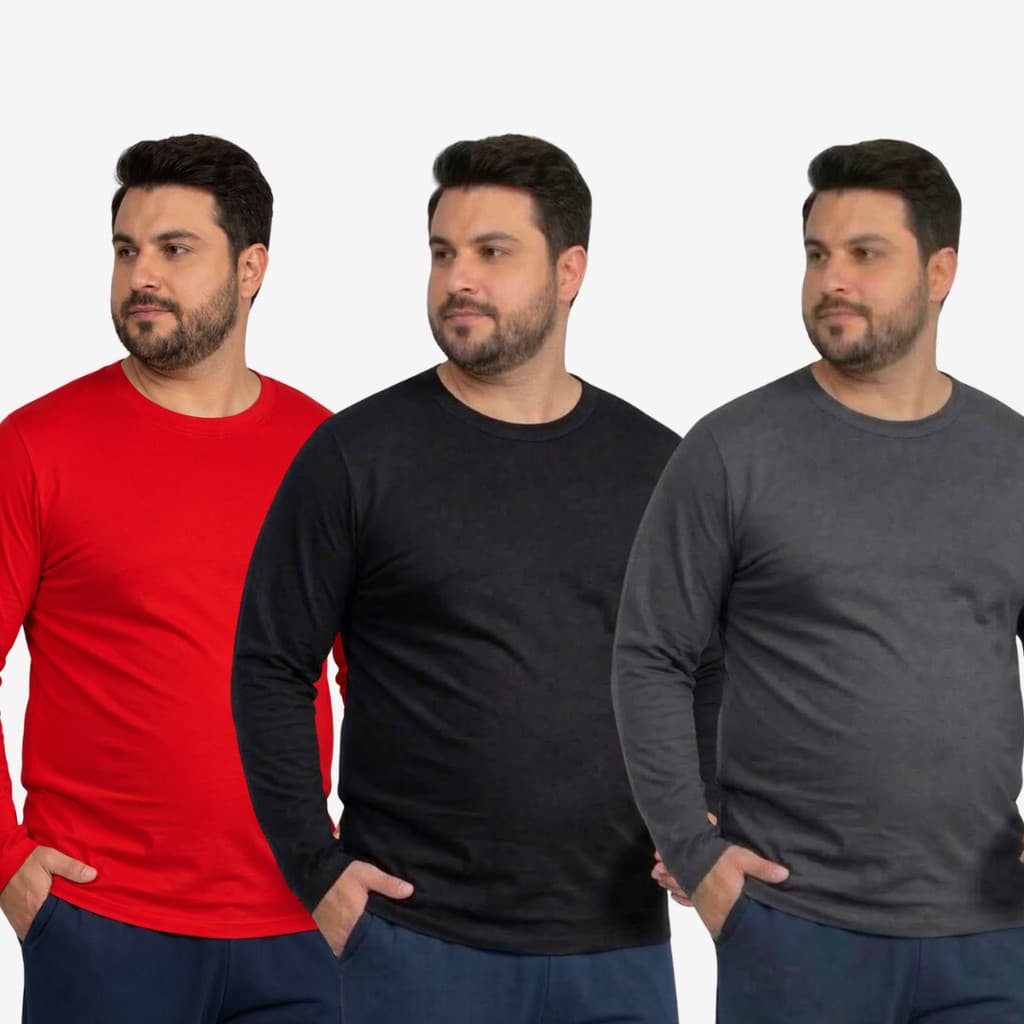 Kit 3 Camiseta Masculina Plus Size Manga Longa Camisa Básica Dia a Dia Uniforme G1 G2 G3