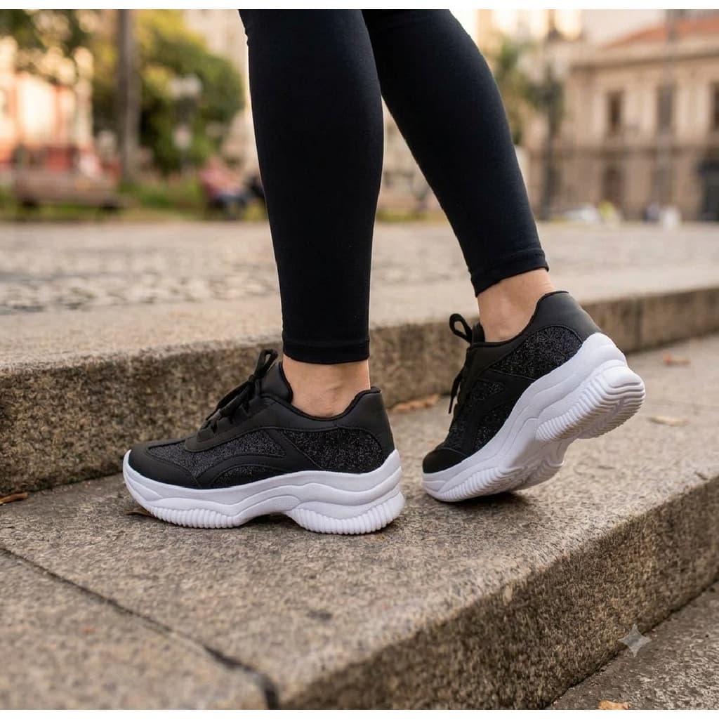 Tênis Feminino Preto Forrado Plataforma Sola Alta Confort Tenis Casual Dia Dia Macio Leve Promoção