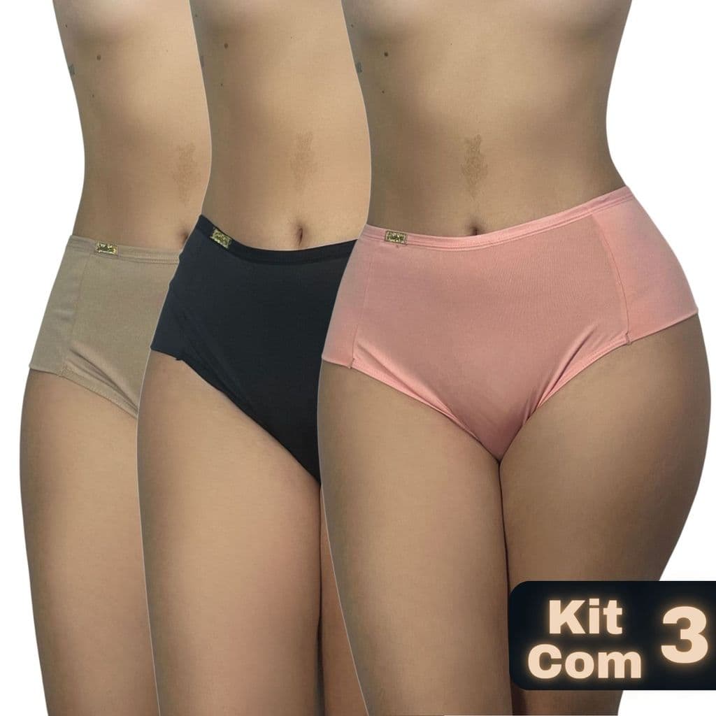 Kit 3 Calcinhas Conforto Gestante Cintura Segura Barriga Cós Alto