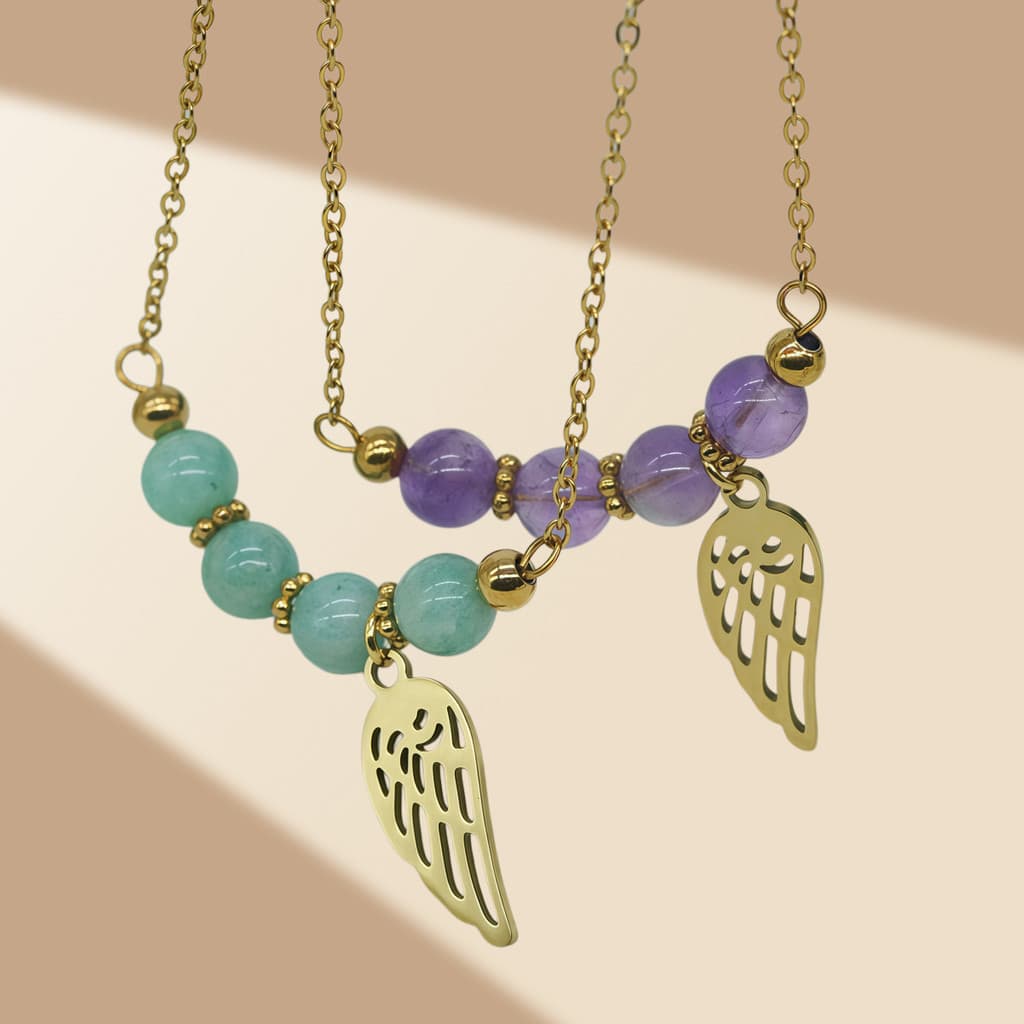 Novo estilo asas de anjo colar feminino moda titânio aço Natural ametista colar jóias