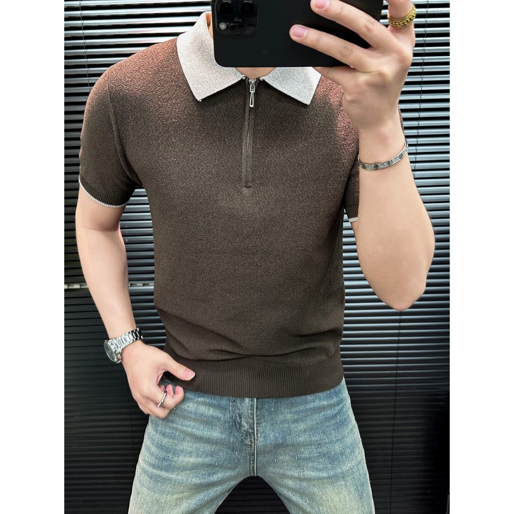 Luz estilo de luxo negócios Casual contraste cor zíper lapela camisola de manga curta masculina verão High-End gelo seda