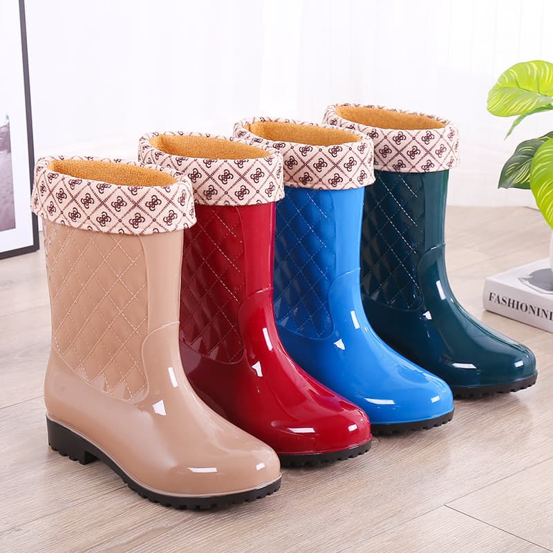 Botas de chuva femininas elegantes, quentes, até a panturrilha, antiderrapantes, de borracha, com forro de algodão felpu