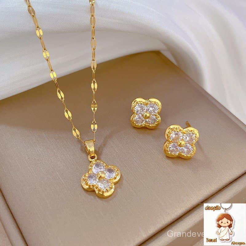 Titanium Colares De Corrente De Aço Diamante Para Mulheres Brincos De Cavilha Trevo Inlay Mico Com Banho De Ouro
