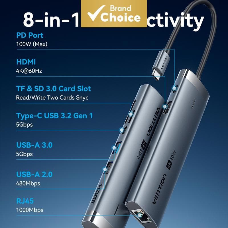 Vention hub De Porta usb 8 Em 1 vga Para Tipo c Conversor 4K HDMI TF Cartões Readr Gigabit RJ45 Adaptador Ethernet Compu