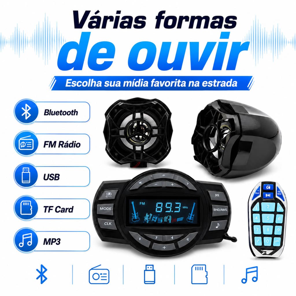 Kit Som para Moto Bluetooth 12V com 2 Alto-Falantes Controle Remoto Rádio FM USB TF MP3 TY-518