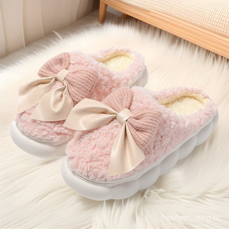 Chinelos de algodão com laço feminino outono inverno sola grossa interior confortável leve pelúcia quente lã suporte sap