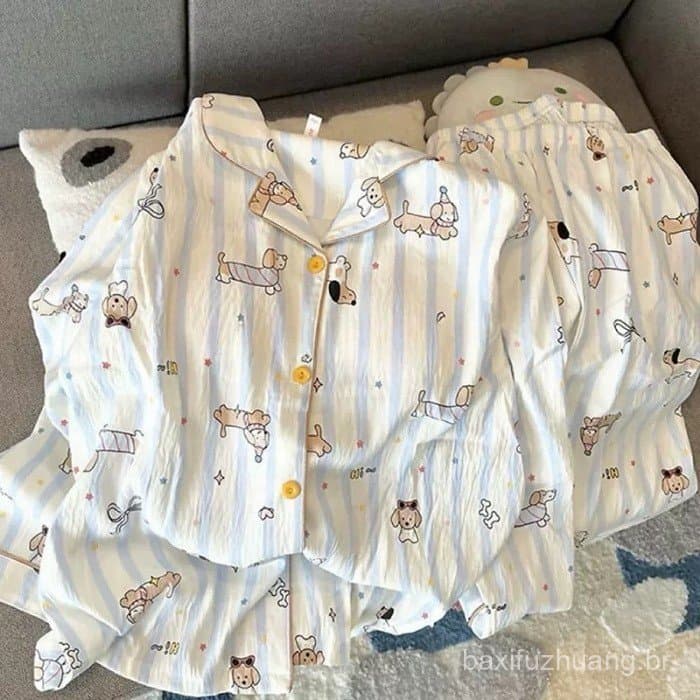 Nuvem de algodão de duas peças japonês Dachshund pijamas feminino primavera outono manga comprida estudante dos desenhos
