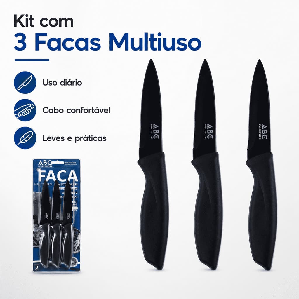 Kit Facas de Cozinha 3 Peças Lâmina 3Cr13 Resistente e Prática
