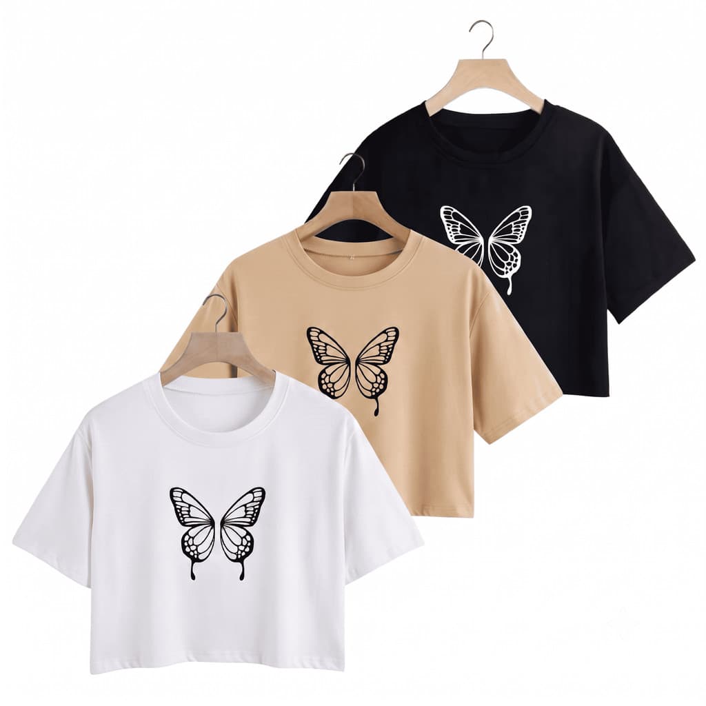 Kit 3 Cropped Feminino Camiseta Estampada Borboleta Modinha Modelo em Algodão Novidade Manga Curta