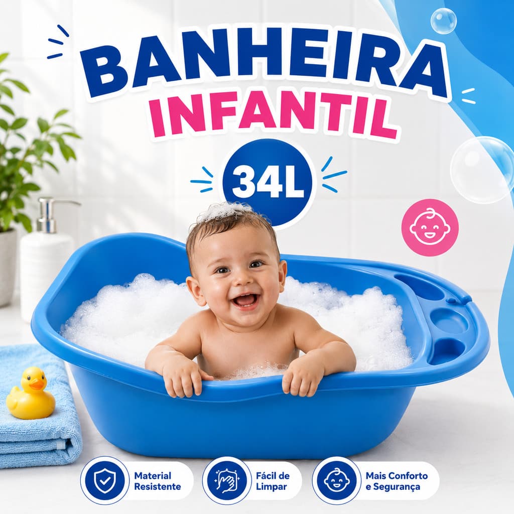 Banheira Infantil 34 Litros Grande para Bebê e Criança com Porta Objetos e Suporte para Shampoo