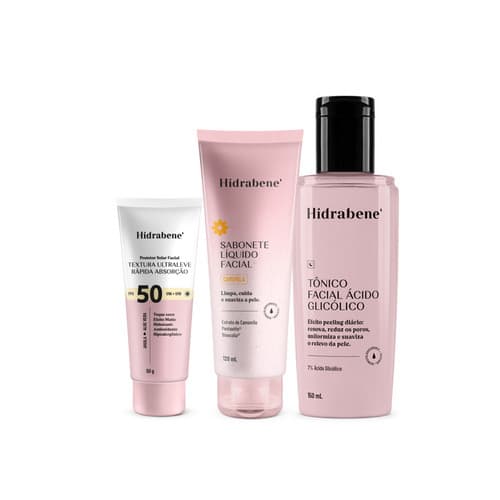 Kit Peeling Glow Up Hidrabene Tônico Ácido Glicólico 7% + Sabonete Facial + Protetor Solar FPS 50