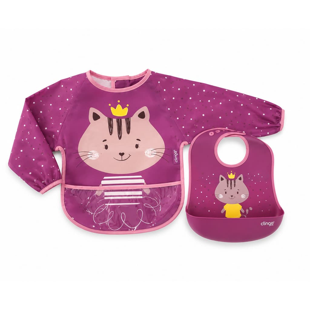 Kit Babador Manga Longa com Bolso + Babador de Silicone com Bolso Clingo para Bebê