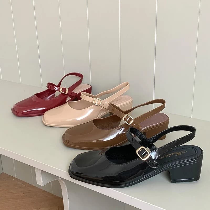 Sandálias Retro Femininas de Verão, Novas, Estilo Mary Jane, Bico Quadrado, Salto Grosso, Abertas Atrás, PGXS