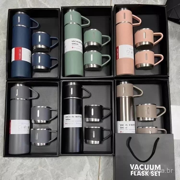 caneca Kit Garrafa Térmica Vacuum Bottle Inox 500ml + 3 Xícaras Bebidas Fria ou Quente