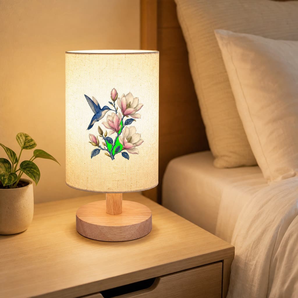 Candeeiro De Mesa Floral Hummingbird Cabeceira Decorativo Com Base De Madeira