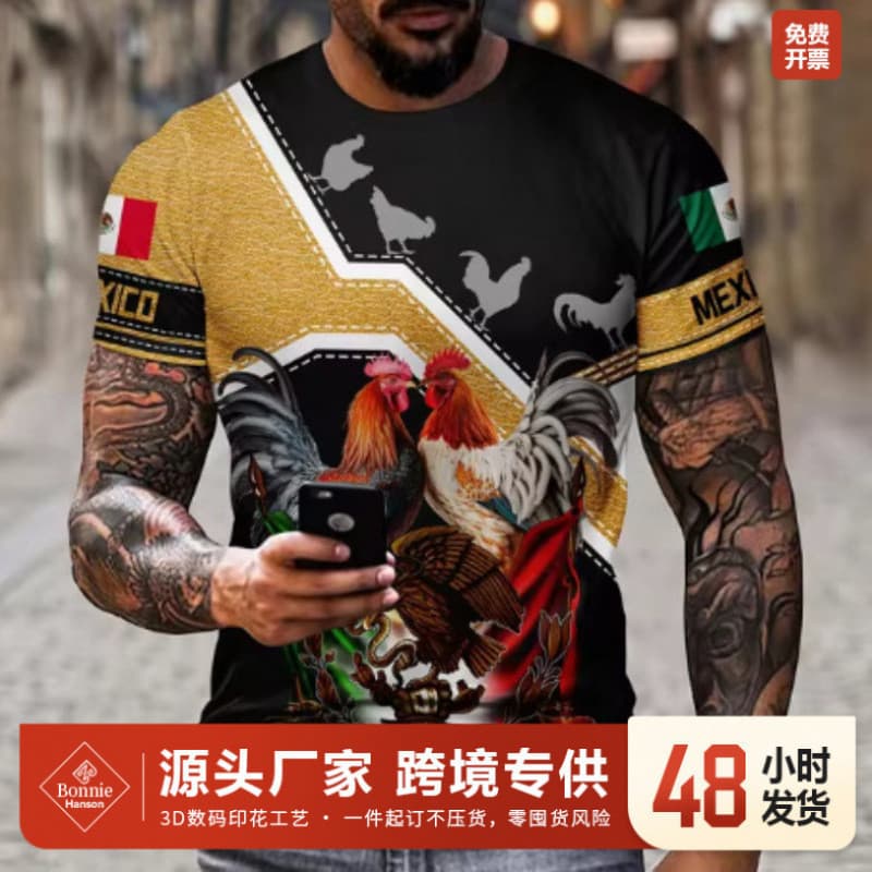 Bandeira mexicana impressa camiseta masculina 3D águia padrão camiseta de manga curta topo solto Casual de manga curta