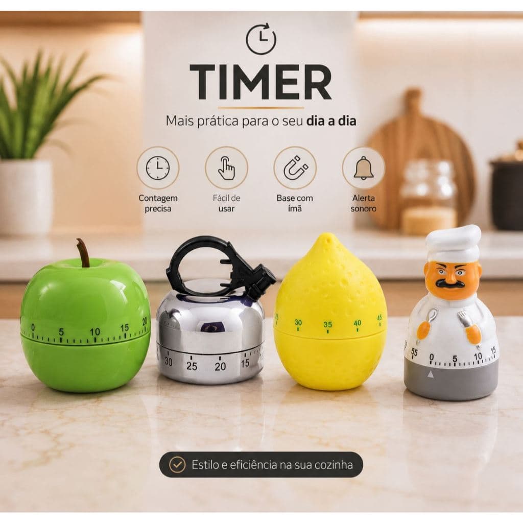 Timer Cozinha Vários Modelos Cronômetro Mecânico 60 Min Temporizador com Alarme Sonoro - Ecolha o Seu