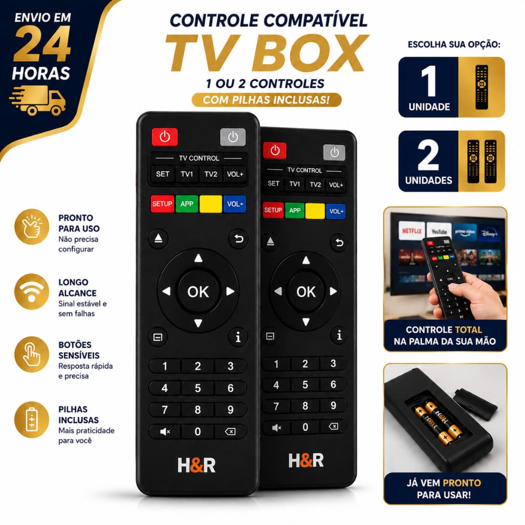 Controle Remoto 1 ou 2 Compatível Para Tv Box 4k 10 Metros Universal Inteligente Com Pilhas