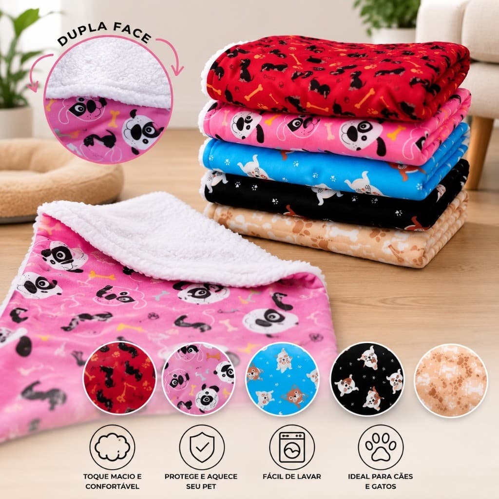 Cobertor Pet Sherpa Dupla Face Manta Quente Para Cachorro e Gato 70cm x 95cm
