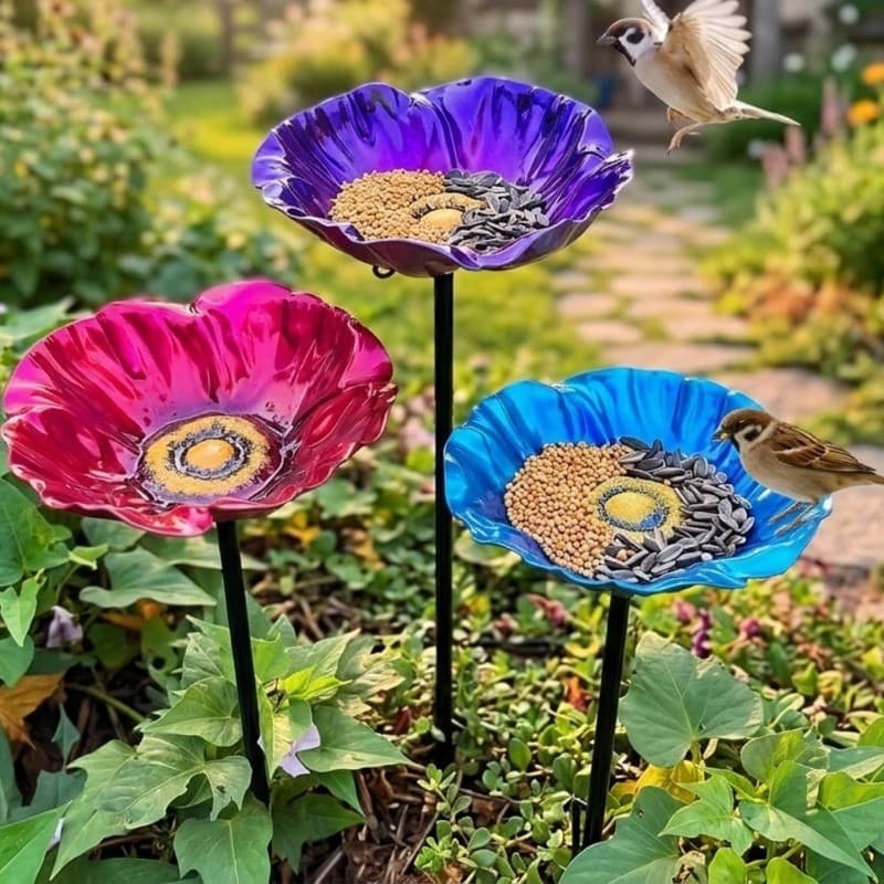 [BR] Bandeja De Ferro Para Alimentação De Pássaros Ao Ar Livre-Alimentador Com Flores Removível-Estaca De Banho De Metal