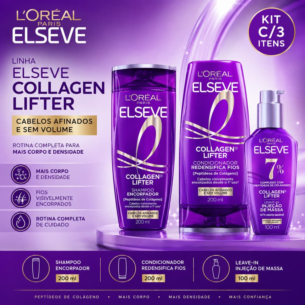 Kit Elseve C/3 Itens [Shampoo, Condicionador e Leave-In] Cuidados com o Cabelo