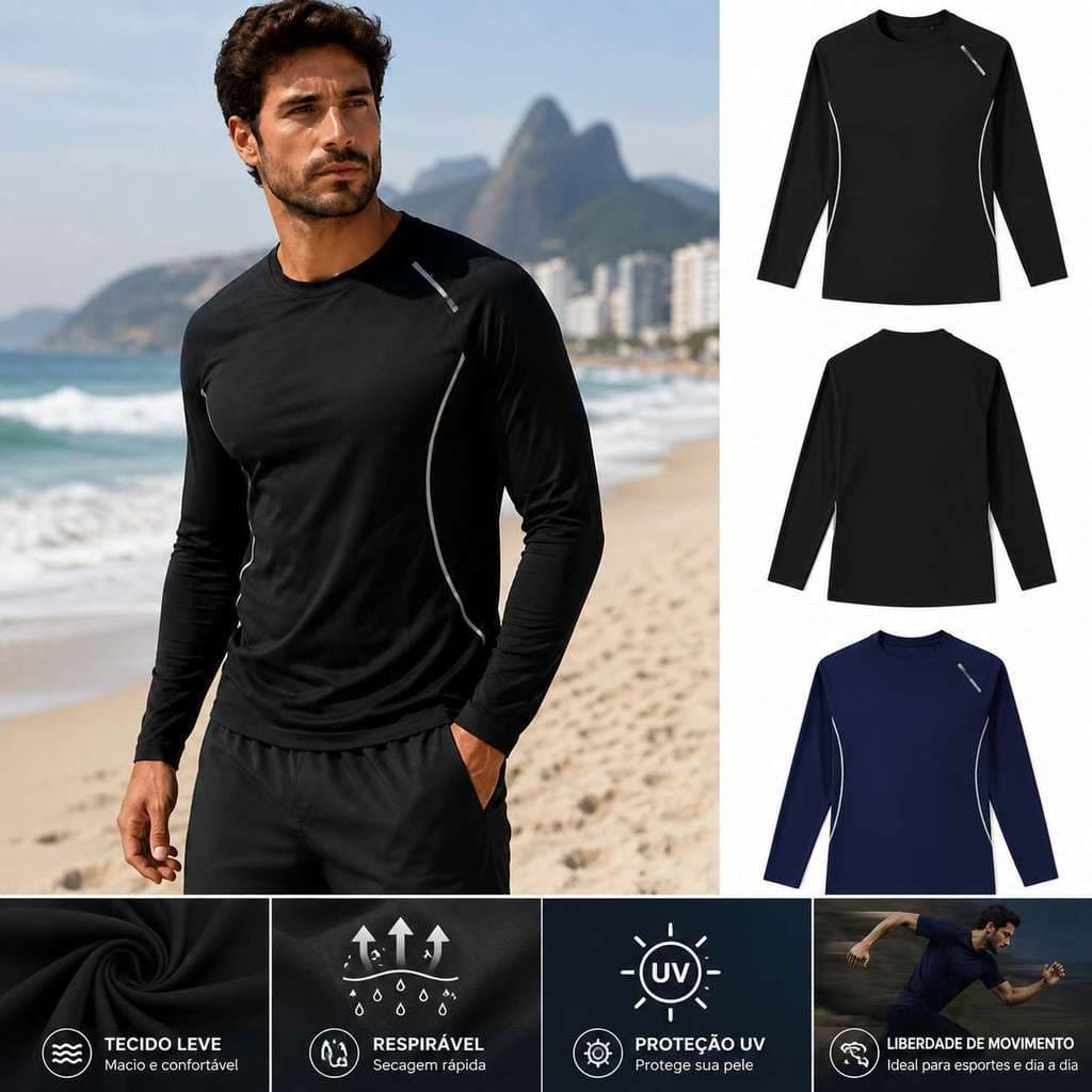 Camiseta Masculina Manga Longa Premium em Poliamida Proteção UV Secagem Rápida Respirável