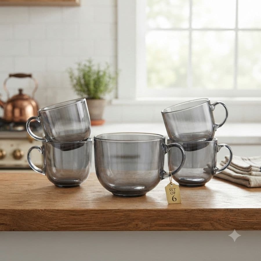 Conjunto 6 Xicaras Vidro Cinza 350ml Luxo Cafe Cha