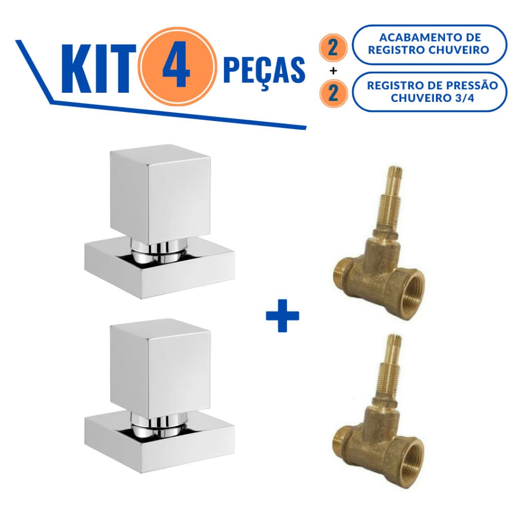 kit 02 Registro de Pressão 3/4 Padrão Deca e 2 Acabamento  Quadrado Cromado Padrão Deca