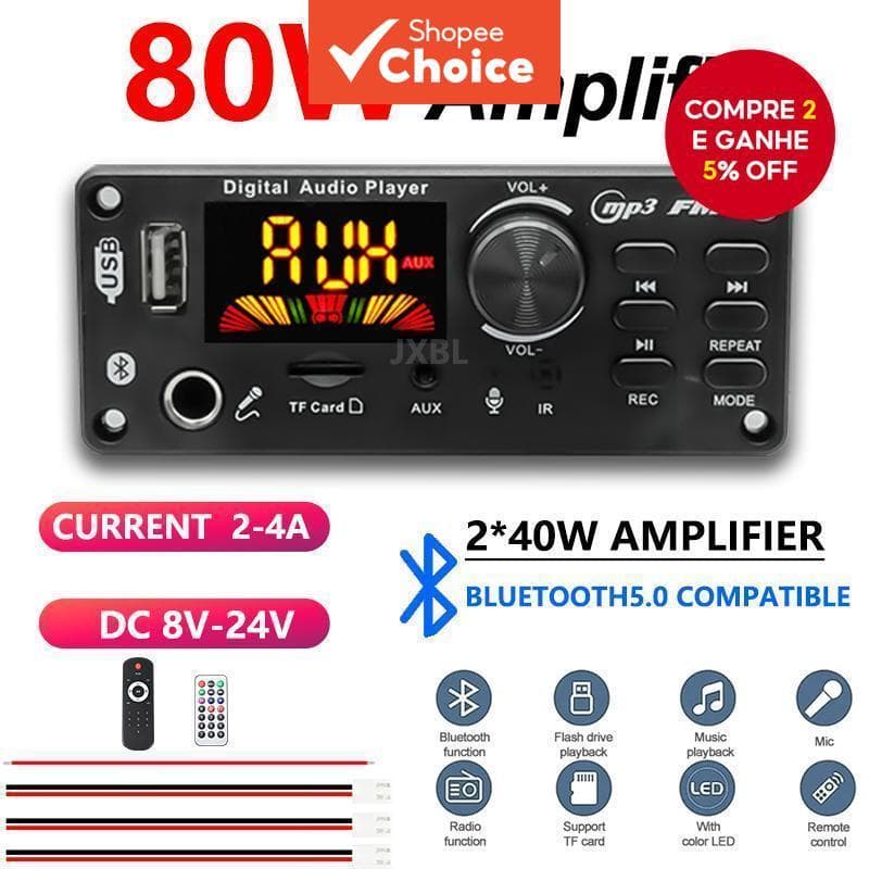 Amplificador Bluetooth MP3 WMA WAV 80W 12V Chamada Handsfree USB TF FM Áudio Do Carro Leitor De Música Alto-Falante Cont