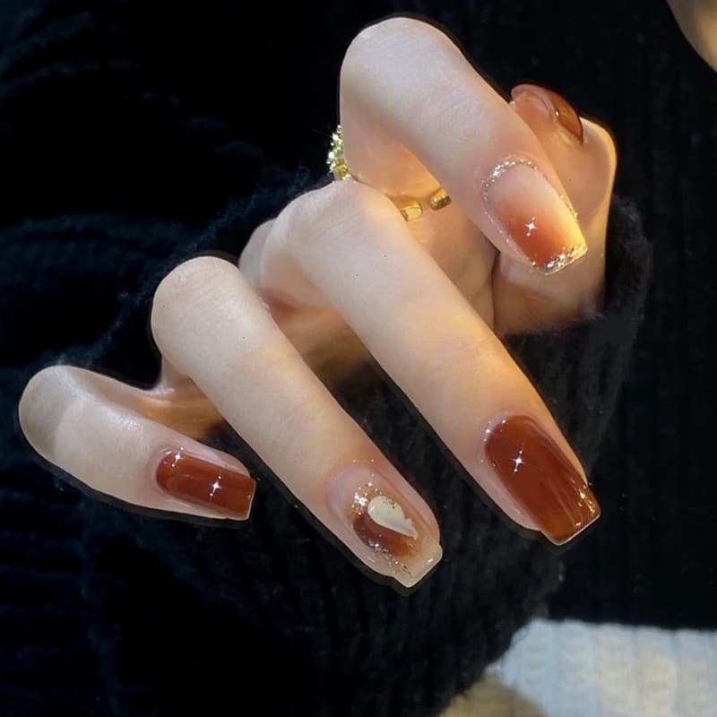 Marrom gradiente amor Manicure céu estrelado Glitter mancha Wearable prego europeu quadrado médio longo falso prego peça