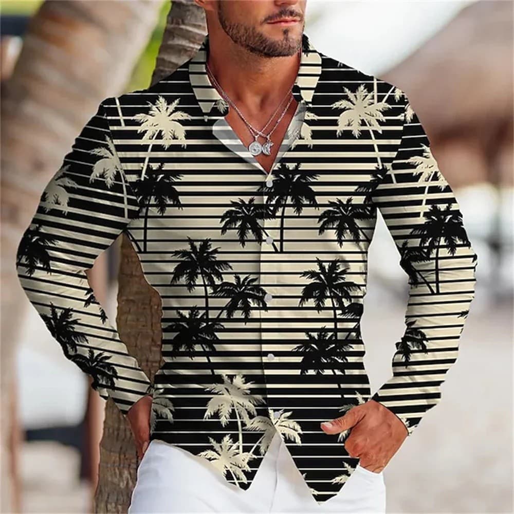 Camisa havaiana com padrão de listras de coco, cinza claro, casual, de manga longa, com botões, design de vestuário maci