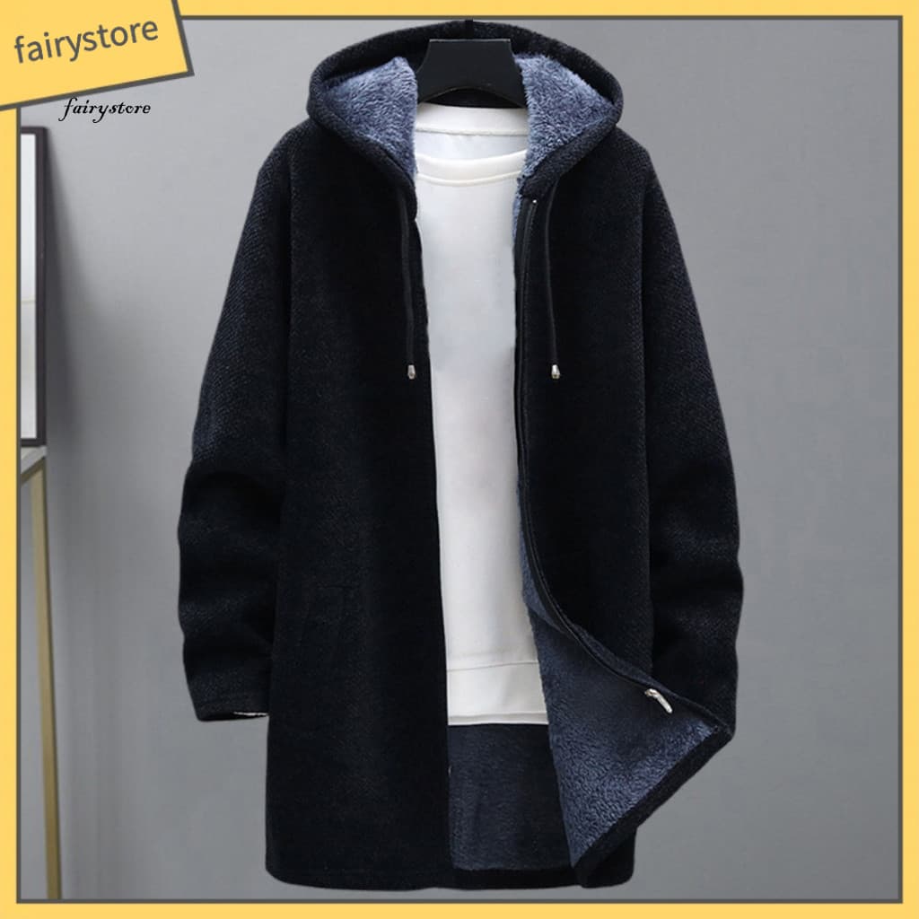 Comfortable Cotton Coat Men Men's Winter Hooded with Drawstring Plush Lining Thickened Mid-length Knitwear Jacket Zipper