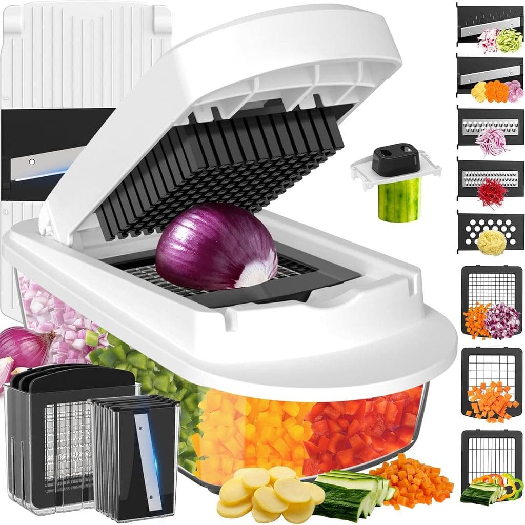 Cortador de Legumes Multifuncional de 8 Lâminas com Recipiente, Picador de Alimentos, Picador de Cebola, Cortador de Sal