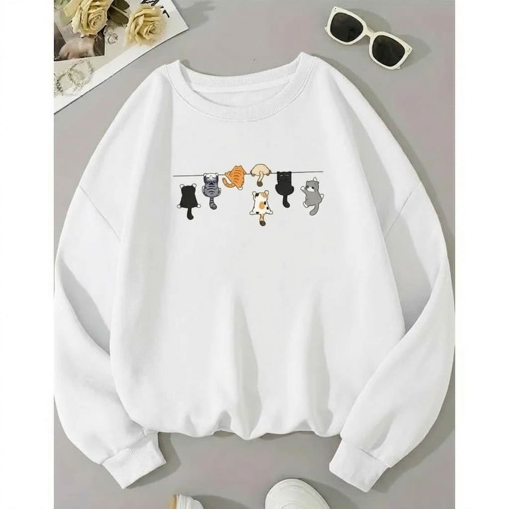 Moletom Gatinhos Pets Gola Redonda Blusa de Frio Careca Gato Pendurados Moda Inverno Fofo Delicado