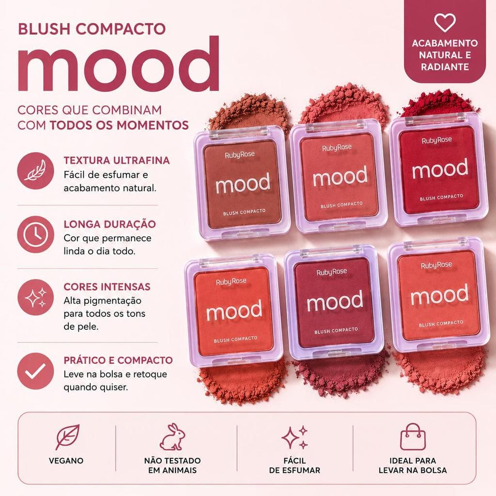 Ruby Rose Blush Cremoso Mood 9,4g - Maquiagem Suave e Natural para Bochechas com Textura Cremosa e Aplicação Fácil