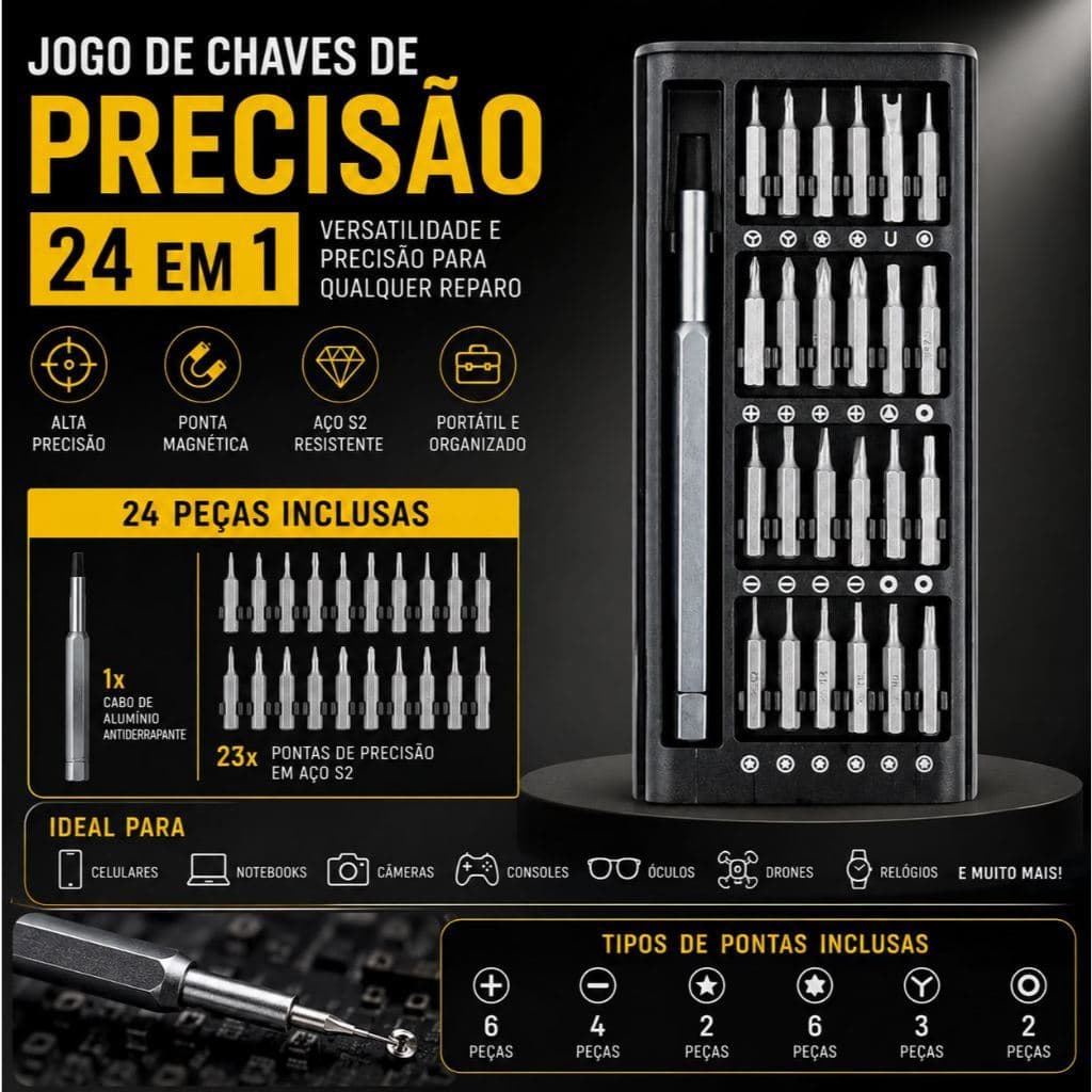 Jogo de Chaves de Precisão 24 em 1 – Kit Completo para Manutenção de Celulares, Notebooks, Eletrônicos e Muito Mais
