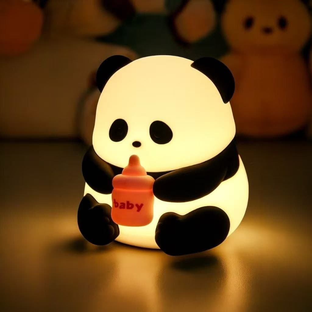 Luminária Abajur Infantil Em Silicone Panda Com Sensor De Toque Recarregável Rgb 7 Cores Usb