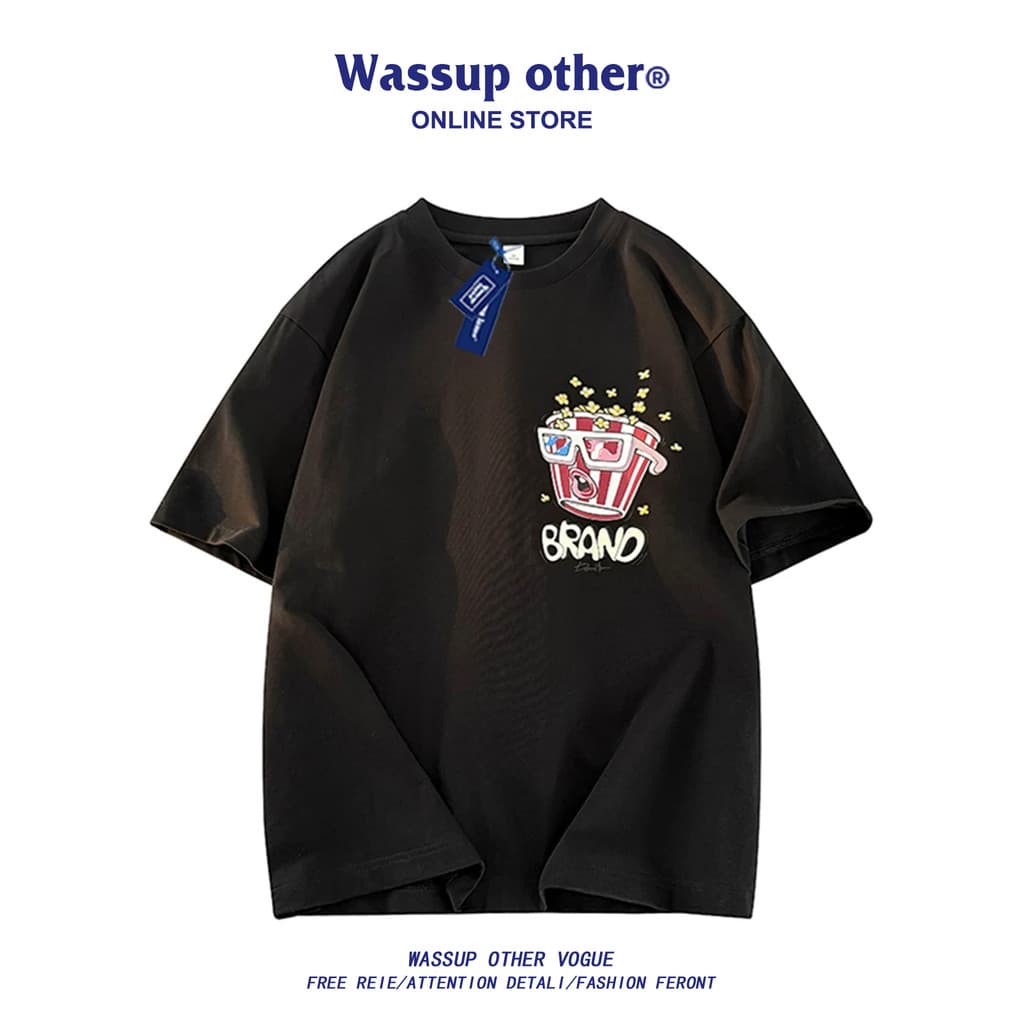 WASSUP OUTRO Americano em torno do pescoço de manga curta camiseta masculina verão na moda solta Casual pesado camiseta