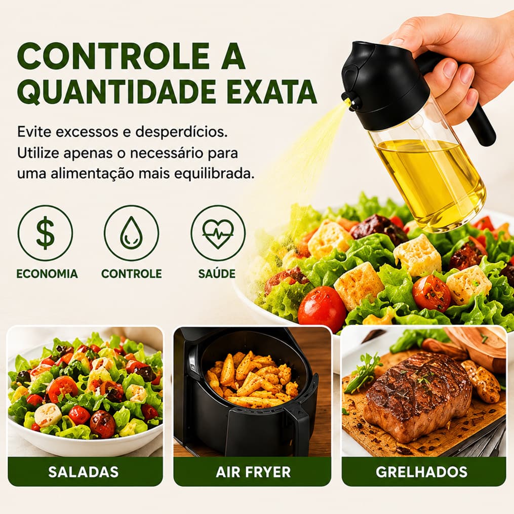 Pulverizador de Vidro 410ml para Óleo e Temperos com Spray Botão Tampa e Bico Dosador