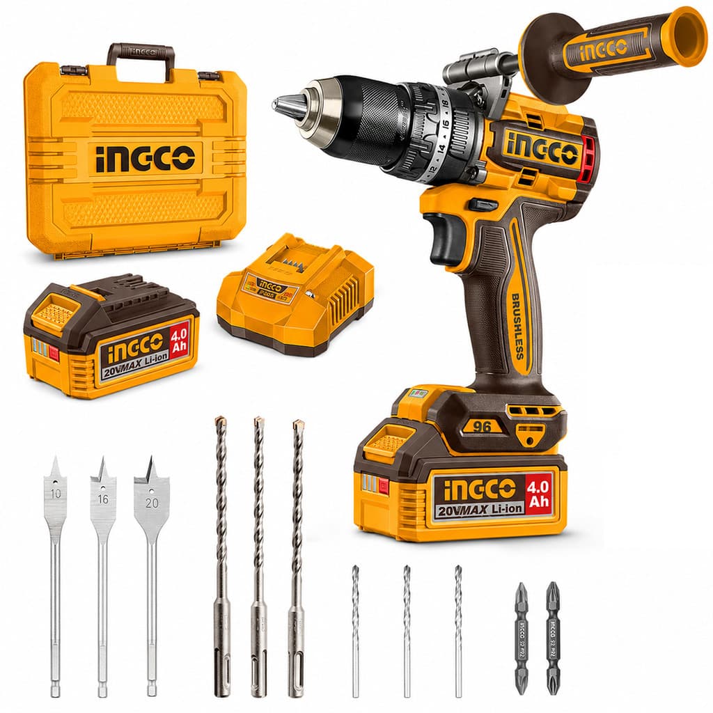Parafusadeira Furadeira INGCO 20V Brushless 96Nm Impacto 2 Baterias 4Ah Maleta Acessórios P20S