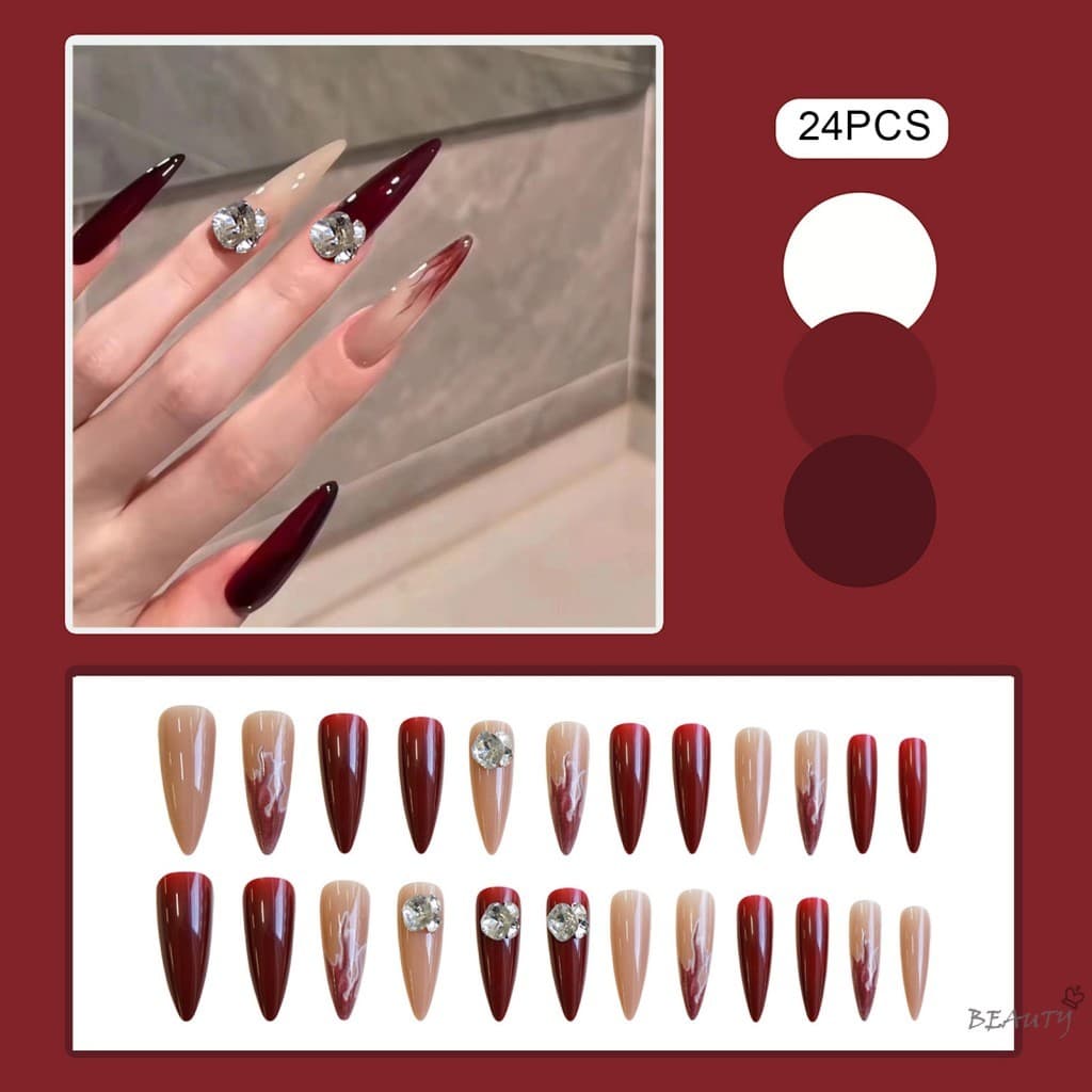 Nude Wine Red Press on Nails-Borda Lisa Natural Para Viagens E Encontros