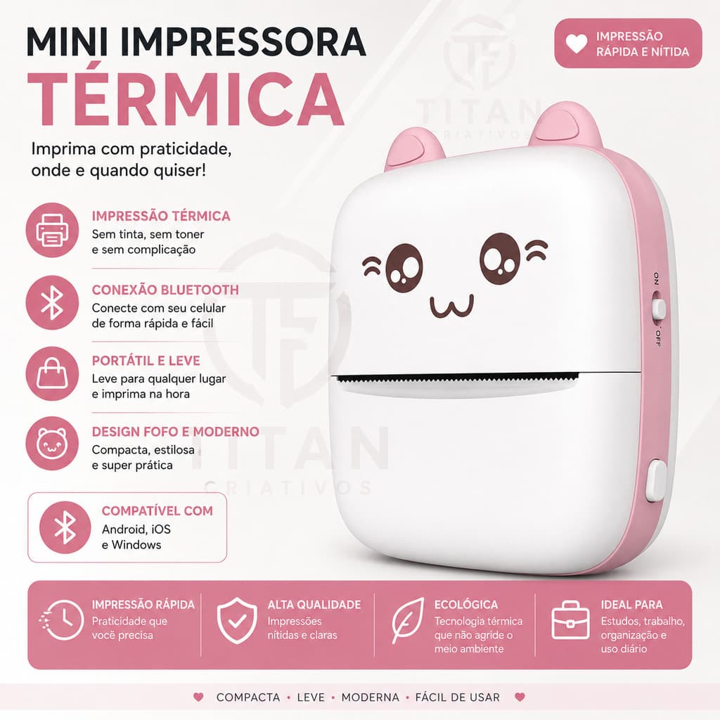 Mini Impressora Termica Bolso Bluetooth Rosa Gato 57mm S Fio Cor Azul