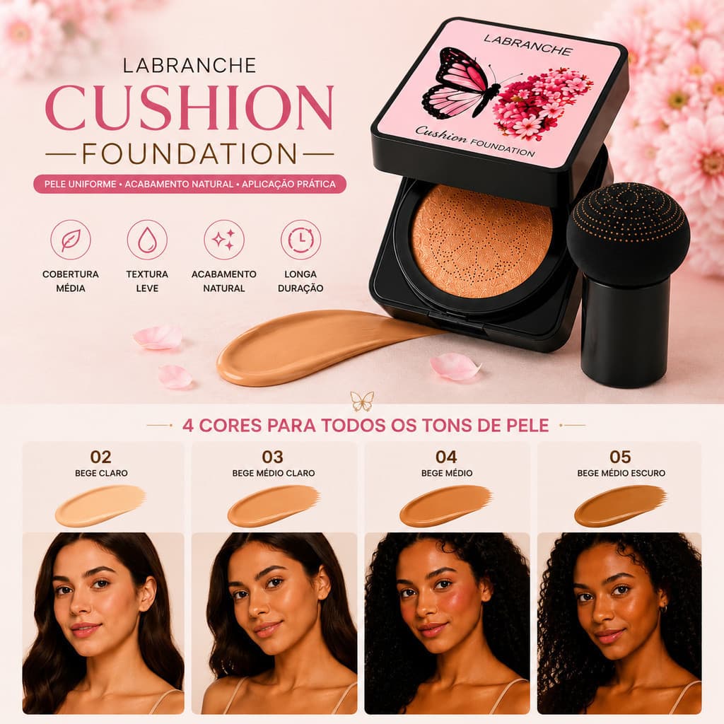 Base Cushion BB Cream Labranche Cobertura Natural Acabamento Matte com Esponja Cogumelo