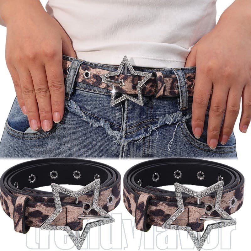 Cinto De Strass Leopardo Y2K – Couro Da Moda Retrô Unissex Fashion Faixa De Cintura Com Fivela Estrela Ajustável Para Je