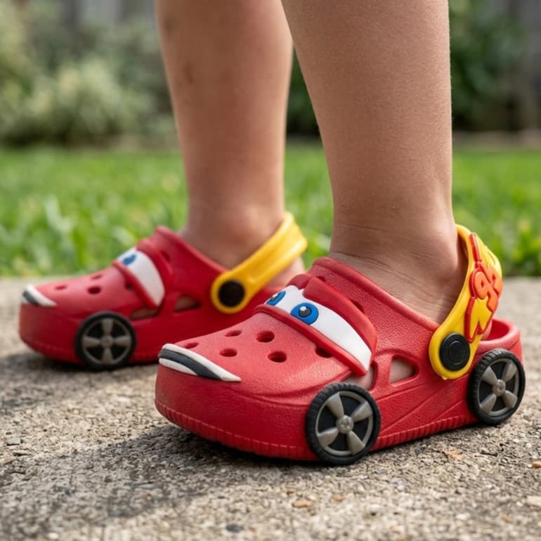 Babuche Sandália Infantil Masculino Vermelho Para Crianças Com Estampa Carros Linha Conforto E Antiderrapante Macio