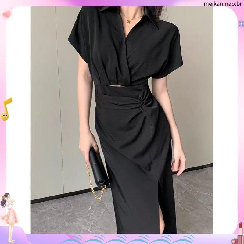 Francês High-End Slimmer Look Cintura Estreita Elegante Fenda Curta @-