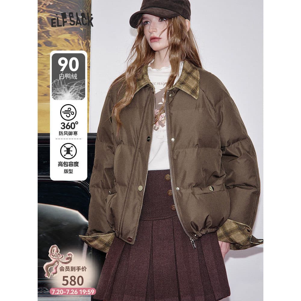 Fada bolso Retro xadrez costura curto para baixo jaqueta feminina 2025 inverno novo estilo pão jaqueta perfil