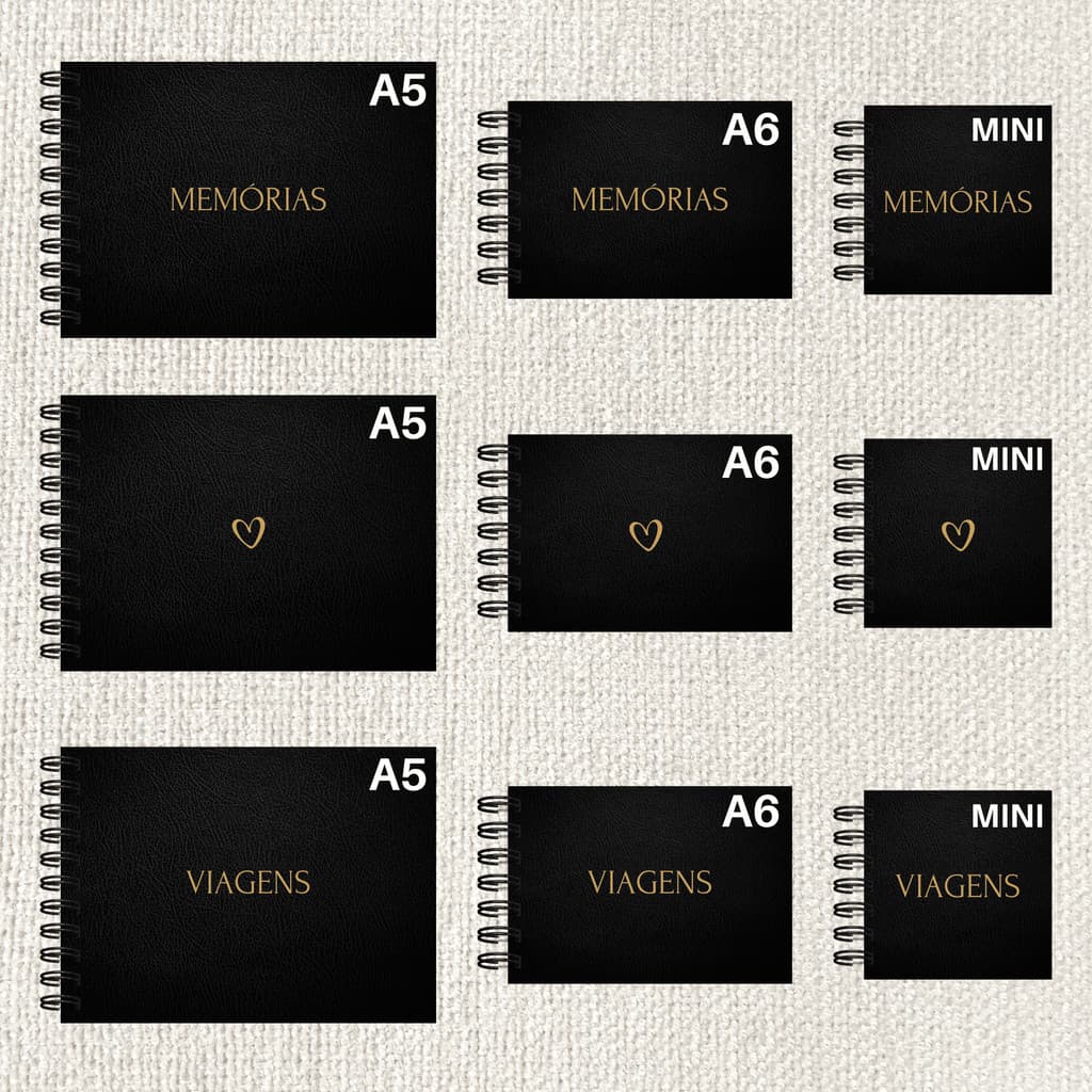 Álbum Scrapbook (MINI, A6 E A5) Preto HotStamping com Caneta